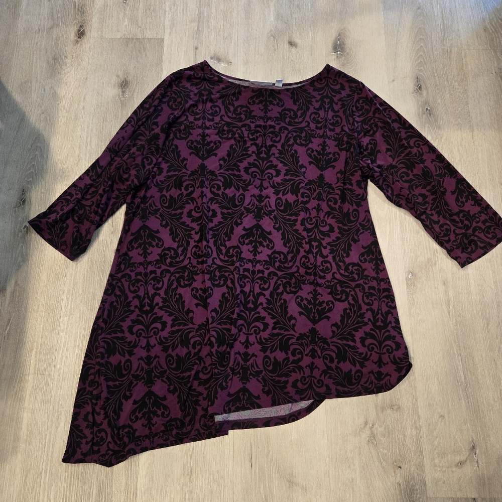 Susan Graver Asymmetrical Damask 3/4 Sleeve Tunic Sz 2X